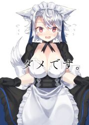 Rule 34 | 1girl, alternate costume, animal ears, apron, bad id, bad twitter id, black gloves, blush, breasts, choker, cleavage, cowboy shot, enmaided, flying sweatdrops, gloves, highres, inubashiri momiji, large breasts, looking at viewer, maid, maid headdress, open mouth, red eyes, short hair, simple background, solo, suminagashi, sweat, tail, touhou, translation request, waist apron, white apron, white background, white hair, wolf ears, wolf tail