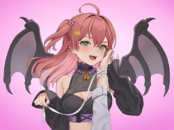 Rule 34 | 1girl, absurdres, ahoge, bandaged wrist, bandages, bare shoulders, bell, black wings, blush, breasts, crop top, demon wings, detached sleeves, eyelashes, gradient background, green eyes, hair between eyes, hair ornament, hanazawa ma, hand on another&#039;s face, heart, heart-shaped pupils, highres, hololive, long hair, long sleeves, looking at viewer, medium breasts, neck bell, one side up, open mouth, pink background, pink hair, sakura miko, sleeves past wrists, smile, solo focus, symbol-shaped pupils, teeth, upper teeth only, virtual youtuber, wings