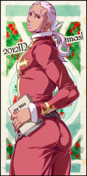 Rule 34 | 10s, 1boy, 2012, ass, bible (object), christmas, dark-skinned male, dark skin, enrico pucci, jojo no kimyou na bouken, looking at viewer, looking back, male focus, ponytail, priest, santa costume, short hair, solo, taxxxchi, very short hair, white hair