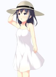 Rule 34 | 10s, 1girl, absurdres, akatsuki (kancolle), alternate costume, arm up, bare shoulders, black hair, commentary request, dress, hat, highres, kantai collection, long dress, long hair, looking away, nike (iroshino), open mouth, purple eyes, simple background, solo, white dress
