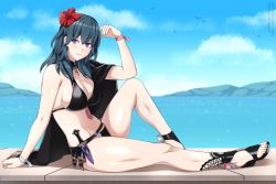 Rule 34 | 1girl, arm support, bikini, black bikini, black cape, blue eyes, blue hair, blue sky, breasts, byleth (female) (fire emblem), byleth (female) (summer) (fire emblem), byleth (fire emblem), cape, cleavage, closed mouth, cloud, commentary, commission, dagger, day, english commentary, fire emblem, fire emblem: three houses, fire emblem heroes, flower, full body, groin, hair between eyes, hair flower, hair ornament, hand up, knife, large breasts, lindaroze, long hair, looking at viewer, midriff, navel, nintendo, ocean, official alternate costume, outdoors, paid reward available, sandals, shadow, sidelocks, single bare shoulder, sitting, sky, smile, solo, swimsuit, thighs, weapon, wrist guards