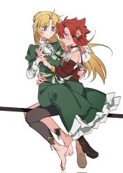 Rule 34 | 2girls, asymmetrical clothes, barefoot, blonde hair, bright pupils, broom, broom riding, chinese commentary, closed mouth, commentary request, dress, green dress, hair ornament, hand on another&#039;s back, hand on another&#039;s waist, highres, holding hands, interlocked fingers, izetta, juliet sleeves, long sleeves, medium hair, molu stranger, multiple girls, off-shoulder shirt, off shoulder, ortfine fredericka von eylstadt, puffy sleeves, purple eyes, red eyes, red hair, red shirt, shirt, shuumatsu no izetta, simple background, single pantsleg, sitting, sitting on lap, sitting on person, smile, white background, white pupils, x hair ornament, yuri
