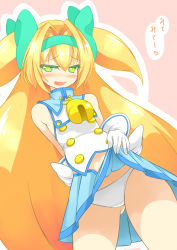 Rule 34 | 1girl, beigu, bell, blazblue, blonde hair, clothes lift, heart, heart-shaped pupils, lifted by self, long hair, low-tied long hair, miniskirt, open mouth, panties, platinum the trinity, quad tails, ribbon, shirt, skirt, skirt lift, sleeveless, symbol-shaped pupils, translated, underwear