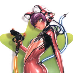 Rule 34 | 1girl, absurdres, ass, blush stickers, bodysuit, covered erect nipples, fake tail, flat chest, gun, handgun, helmet, highres, holding, holding gun, holding weapon, looking at viewer, one eye closed, original, purple hair, scan, simple background, solo, tail, tsukasa jun, twisted torso, weapon, white background