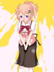 Rule 34 | 1girl, between legs, black skirt, blush, bow, bowtie, breath, crying, embarrassed, female focus, fizu, flower, gochuumon wa usagi desu ka?, hair flower, hair ornament, hairclip, hand between legs, have to pee, hoto cocoa, looking at viewer, nose blush, open mouth, orange hair, own hands together, peeing, peeing self, pink flower, pink vest, ponytail, purple eyes, red bow, red bowtie, shirt, short hair, short sleeves, simple background, skirt, solo, standing, steam, sweat, tears, trembling, two-tone background, v arms, vest, wet, wet clothes, white shirt, yellow background