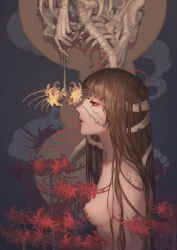 Rule 34 | 1girl, abstract background, bandaged head, bandages, bandaid, bandaid on face, bandaid on shoulder, bone, breasts, brown hair, expressionless, eyelashes, flower, from side, half-closed eyes, highres, holding, holding flower, lips, long hair, nipples, nude, original, parted lips, profile, red eyes, red flower, signature, skeleton, small breasts, solo, spade-m, spider lily, spine, upper body, yellow flower, yellow spider lily