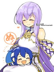 Rule 34 | 1boy, 1girl, bare shoulders, blue hair, breasts, brother and sister, closed eyes, dress, fire emblem, fire emblem: genealogy of the holy war, julia (fire emblem), large breasts, long hair, medium breasts, nintendo, open mouth, purple hair, seliph (fire emblem), siblings, simple background, smile, stuffed toy, yukia (firstaid0)