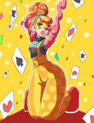 Rule 34 | 1girl, 2018, arms (game), arms up, beehive hairdo, blue eyes, card, clown, confetti, domino mask, earrings, hairband, hitohito, jewelry, kneeling, lola pop, mask, nintendo, open mouth, orange hair, overalls, playing card, red lips, smile, solo, yellow background