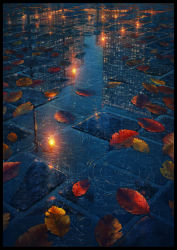 Rule 34 | autumn leaves, black border, border, building, cola (gotouryouta), commentary request, highres, lamppost, leaf, night, no humans, original, outdoors, rain, reflection, scenery, skyscraper, stone floor, water