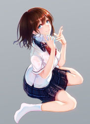 Rule 34 | 1girl, blue eyes, bottle, breasts, brown hair, closed mouth, collared shirt, countlen, full body, grey background, hair between eyes, hands up, highres, holding, holding bottle, looking at viewer, medium breasts, original, plaid, plaid skirt, school uniform, shirt, short sleeves, simple background, sitting, skirt, smile, socks, solo, uniform, v, wariza, white shirt, white socks