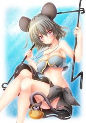 Rule 34 | 1girl, :&lt;, animal ears, bandeau, bare shoulders, basket, blue background, bra, bra peek, breasts, dowsing rod, grey hair, grey skirt, highres, jewelry, large breasts, looking at viewer, midriff, mouse (animal), mouse ears, mouse tail, nazrin, osashin (osada), pendant, red eyes, short hair, skirt, solo, strapless, tail, touhou, tube top, underwear