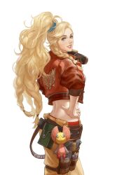 Rule 34 | 1girl, belt, blonde hair, blue eyes, braid, cropped jacket, gemma (monster hunter wilds), goggles, goggles around neck, green scrunchie, hair ornament, hair scrunchie, hands on own hips, high ponytail, highres, jacket, leather, leather jacket, lips, long hair, looking at viewer, midriff, monster hunter (series), monster hunter wilds, open clothes, open jacket, panties, panty peek, parted lips, pencil, ponytail, qingxingzhen, scrunchie, side braid, simple background, smile, solo, stuffed toy, underwear, white background