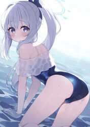 Rule 34 | 1girl, all fours, ass, blue archive, blue halo, blue one-piece swimsuit, blush, bow, casual one-piece swimsuit, commentary request, frilled one-piece swimsuit, frills, hair bow, halo, highres, long hair, miyako (blue archive), miyako (swimsuit) (blue archive), nogami (minamiituki), off-shoulder one-piece swimsuit, off shoulder, official alternate costume, one-piece swimsuit, outdoors, ponytail, purple eyes, shallow water, sidelocks, solo, swimsuit, two-tone one-piece swimsuit, very long hair, water, white hair