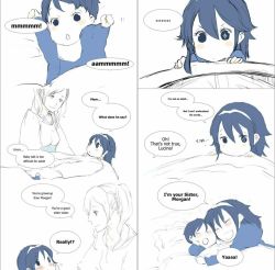 Rule 34 | 1boy, 2girls, aged down, baby, blush, brother and sister, comic, english text, engrish text, fire emblem, fire emblem awakening, left-to-right manga, lucina (fire emblem), monochrome, morgan (fire emblem), morgan (male) (fire emblem), mother and daughter, mother and son, multiple girls, nintendo, ranguage, robin (female) (fire emblem), robin (fire emblem), siblings, tiara, twintails