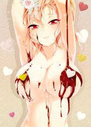 Rule 34 | 1girl, armpits, arms up, blonde hair, breasts, brown background, cafe-chan to break time, chocolate, chocolate on body, chocolate on breasts, collarbone, food on body, gradient background, heart, heart-shaped pupils, large breasts, long hair, looking at viewer, nude, original, porurin (do-desho), red eyes, shadow, solo, symbol-shaped pupils, tea (cafe-chan to break time), upper body, valentine
