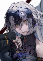 Rule 34 | 1girl, bare shoulders, blood, blood on face, breasts, fate/grand order, fate (series), grey hair, helmet, highres, hiro (hirohiro gorira), jeanne d&#039;arc (fate), jeanne d&#039;arc alter (avenger) (fate), jeanne d&#039;arc alter (fate), long hair, looking at viewer, nail polish, parted lips, purple nails, simple background, sleeves past wrists, solo, white background, yellow eyes