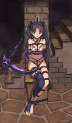 Rule 34 | 1girl, absurdres, arms behind back, ass, barefoot, bdsm, black hair, black ribbon, blush, bondage, bound, breasts, dated, earrings, fate/grand order, fate (series), feet, full body, hair ribbon, highres, hoop earrings, ishtar (fate), jewelry, legs, medium breasts, navel, nero augustus, no shoes, red eyes, restrained, ribbon, rope, shibari, single thighhigh, sitting, solo, thighhighs, toeless legwear, toenails, toes, twitter username, two side up