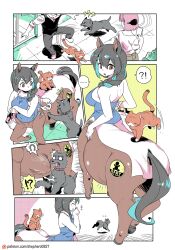 Rule 34 | !?, +++, ..., 1boy, 2girls, ^^^, animal collar, animal ears, bag, bare shoulders, braid, breasts, cat, cellphone, centaur, chasing, collar, comic, commentary, crossed arms, dog, english commentary, flying sweatdrops, full body, glasses, handbag, highres, holding, holding phone, hooves, horse ears, horse tail, horseshoe, large breasts, laughing, limited palette, long hair, modern mogal, monster girl, multicolored hair, multiple girls, multiple legs, outdoors, patreon logo, patreon username, phone, pregnant, shepherd0821, short hair, side braid, silent comic, sitting, sitting on person, smartphone, smile, spiked collar, spikes, spoken ellipsis, spoken interrobang, spoken object, sticker, surprised, tail, taur, two-tone hair