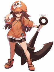 Rule 34 | 1girl, anchor, arm up, bike shorts, black gloves, black shorts, boots, brown eyes, brown hair, copyright name, fingerless gloves, full body, gloves, guilty gear, hand on headwear, hat, highres, karukan (monjya), long hair, may (guilty gear), orange footwear, orange hat, orange shirt, shirt, shorts, simple background, smile, solo, thighs, weapon, white background