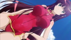 Rule 34 | 10s, 1girl, anime screenshot, breasts, china dress, chinese clothes, covered navel, dress, female focus, green eyes, highres, large breasts, long hair, maroon hair, panties, red hair, red panties, revealing clothes, screencap, seiken tsukai no world break, sky, solo, stitched, third-party edit, underwear, urushibara shizuno, very long hair