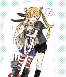 Rule 34 | 10s, 2girls, abukuma (kancolle), annin musou, bad id, bad pixiv id, bike shorts, blonde hair, closed eyes, elbow gloves, gloves, hug, hug from behind, hugging another&#039;s leg, hugging own legs, kantai collection, long hair, multiple girls, musical note, one eye closed, pleated skirt, polka dot, polka dot background, remodel (kantai collection), rensouhou-chan, shimakaze (kancolle), skirt, spoken musical note, striped clothes, striped thighhighs, thighhighs, twintails