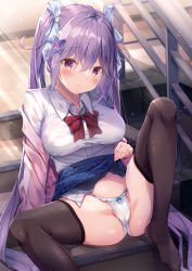 Rule 34 | 1girl, black thighhighs, blue skirt, blush, bow, bow panties, breasts, closed mouth, clothes lift, collared shirt, commentary request, hair between eyes, hair ornament, hair ribbon, highres, kinokomushi, lifted by self, light rays, long hair, looking at viewer, medium breasts, original, panties, partially visible vulva, plaid, plaid skirt, pleated skirt, purple eyes, purple hair, railing, red neckwear, ribbon, shirt, sitting, sitting on stairs, skirt, skirt lift, solo, spread legs, stairs, sunbeam, sunlight, thger, thighhighs, thighs, underwear, very long hair, white panties, white shirt, x hair ornament