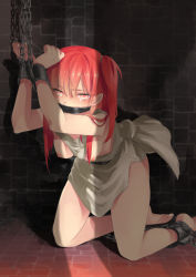 Rule 34 | 1girl, arms up, bad id, bad pixiv id, barefoot, bdsm, blush, bondage, bound, bound ankles, bound wrists, breasts, breasts out, chain, crying, cuffs, feet, female focus, gag, gagged, hashimoto (yanagi-momo), kneeling, leaning forward, long hair, looking at viewer, magi the labyrinth of magic, morgiana, nipples, ponytail, prisoner, red eyes, red hair, restrained, rope, shackled, shackles, side ponytail, slave, solo, tears