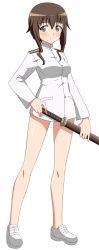 Rule 34 | 00s, 1girl, brown hair, full body, highres, holding, holding sword, holding weapon, loafers, long sleeves, looking at viewer, military, military uniform, non-web source, sheath, sheathed, shoes, short hair, solo, standing, strike witches, strike witches: kurenai no majo-tachi, sword, takei junko, transparent background, uniform, weapon, world witches series