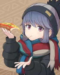 Rule 34 | 1girl, :t, arashishi, beanie, black jacket, blue hair, blush, brown background, cheese trail, closed mouth, commentary request, down jacket, eating, food, fringe trim, grey hat, hair between eyes, hand up, hat, highres, holding, holding food, jacket, long sleeves, pizza, pizza slice, puffy long sleeves, puffy sleeves, red eyes, scarf, shima rin, solo, sparkle, translated, upper body, yurucamp
