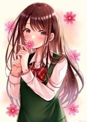 Rule 34 | 1girl, blush, bow, bracelet, brown eyes, brown hair, collared shirt, commentary request, diagonal stripes, dress shirt, floral background, flower, hair ornament, hairclip, hands up, holding, holding flower, jewelry, long hair, long sleeves, looking at viewer, nail polish, original, parted lips, pink flower, pink nails, red bow, sakura hiyori, school uniform, shirt, smile, solo, striped, striped bow, sweater vest, upper body, very long hair, white shirt