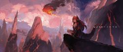 Rule 34 | breasts, breath weapon, breathing fire, canyon, cleavage, collar, commentary request, dola (nijisanji), dragon girl, dragon tail, fire, hair between eyes, horns, kitsune (kazenouta), large breasts, lava, long hair, mountain, nijisanji, red eyes, red hair, red theme, scenery, sidelocks, sitting, smoke, solo, tail, very long hair, virtual youtuber, volcano