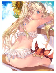 Rule 34 | 10s, 1girl, :o, alternate costume, alternate hair color, arms up, ass, back, bench, bikini, blue eyes, blue sky, dragon, flower, frilled bikini, frills, from behind, granblue fantasy, hair flower, hair ornament, io (granblue fantasy), io (summer) (granblue fantasy), leaning forward, long hair, looking away, looking to the side, min-naraken, nape, sitting, sky, solo, sunflower, swimsuit, tan, thighs, twintails, vyrn (granblue fantasy), wavy hair, white bikini
