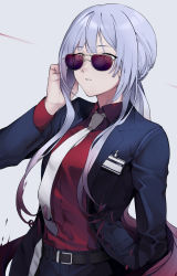 Rule 34 | 1girl, absurdres, adjusting hair, ak-12 (girls&#039; frontline), ak-12 (lucia) (girls&#039; frontline), belt, blazer, dress shirt, formal, girls&#039; frontline, gradient hair, hand up, highres, jacket, looking at viewer, multicolored hair, name tag, necktie, pink eyes, red hair, red shirt, saiun sigma, shirt, silver hair, simple background, solo, suit, sunglasses