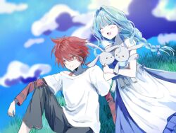 Rule 34 | 1boy, 1girl, aqua hair, blue bow, blue sky, blush, bow, braid, closed eyes, closed mouth, cloud, cloudy sky, dress, grass, grey shorts, haep0912, holding, holding stuffed toy, long hair, looking to the side, maeno aki, open mouth, red eyes, red hair, red sleeves, red tank top, shirt, short hair, shorts, sitting, sky, striped sleeves, stuffed animal, stuffed rabbit, stuffed toy, tank top, ushirono natsu, white dress, white shirt, zeno (game)