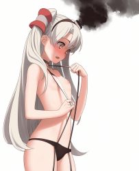 Rule 34 | 10s, 1girl, aconitea, amatsukaze (kancolle), bad id, bad pixiv id, black panties, blush, choker, embarrassed, flat chest, from side, hair between eyes, highres, kantai collection, long hair, nipples, orange eyes, panties, silver hair, simple background, smoke, solo, suspenders, topless, two side up, underwear, very long hair, white background, yellow eyes