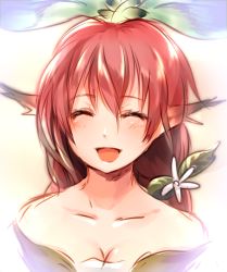 Rule 34 | 10s, 1girl, :d, blush, breasts, cleavage, collarbone, closed eyes, flower, granblue fantasy, hair flower, hair ornament, leaf, long hair, low twintails, open mouth, pink hair, plant girl, pointy ears, smile, solo, sukemyon, twintails, upper body, yggdrasill (granblue fantasy)