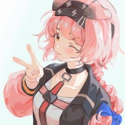 Rule 34 | 1girl, ;3, animal ears, arknights, birdy437, black collar, black hairband, black jacket, blue bow, blush, bow, braid, cat ears, cat girl, collar, floppy ears, goldenglow (arknights), hair bow, hair ornament, hairband, hairclip, hand up, highres, jacket, lightning bolt print, long hair, long sleeves, looking at viewer, one eye closed, open clothes, open jacket, pink hair, pink sleeves, shirt, simple background, solo, upper body, v, white background, white shirt, yellow eyes