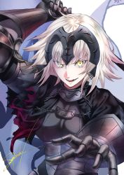 Rule 34 | 1girl, absurdres, ahoge, arm behind head, arm up, armor, armored dress, black dress, breasts, chain, dress, fate/grand order, fate (series), flag, gauntlets, headpiece, highres, huge filesize, jeanne d&#039;arc (fate), jeanne d&#039;arc alter (avenger) (fate), jeanne d&#039;arc alter (fate), large breasts, open mouth, outstretched hand, platinum blonde hair, short hair, w-moz9-w, yellow eyes