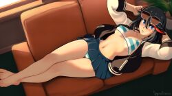Rule 34 | 1girl, artist name, barefoot, black hair, black jacket, black skirt, blue eyes, blush, bra, breasts, commission, couch, crossed ankles, eyewear on head, feet, from above, hair between eyes, highres, jacket, kill la kill, long sleeves, looking at viewer, lying, matoi ryuuko, medium breasts, miniskirt, multicolored clothes, multicolored hair, multicolored jacket, navel, no shirt, on back, on couch, open clothes, open jacket, oppaiserothicc, panties, pleated skirt, red hair, short hair, sidelighting, skirt, solo, streaked hair, striped bra, striped clothes, striped panties, sunglasses, toes, two-tone jacket, underwear, white jacket