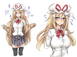 Rule 34 | 1girl, alternate costume, amagi (amagi626), black thighhighs, blonde hair, blush, bow, bowtie, breasts, commentary request, contemporary, cropped legs, flying sweatdrops, grey skirt, hair between eyes, hat, hat ribbon, highres, jacket, large breasts, long hair, long sleeves, looking at viewer, m/, miniskirt, mob cap, multiple views, off shoulder, petticoat, pleated skirt, purple eyes, red bow, red ribbon, ribbon, school uniform, shirt, sidelocks, simple background, skirt, sleeves past wrists, smile, standing, sweater jacket, thighhighs, thighs, touhou, translation request, upper body, very long hair, wavy mouth, white background, white hat, white shirt, wing collar, yakumo yukari, yellow jacket, zettai ryouiki