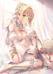 Rule 34 | 10s, 1girl, ahoge, bare shoulders, belt, blonde hair, blush, bouquet, breast press, breasts, bridal veil, buckle, center opening, chain, cleavage, closed mouth, curtains, day, detached collar, detached sleeves, dress, falling petals, fate/extra, fate/extra ccc, fate (series), flower, gloves, green eyes, hair bun, hair intakes, head tilt, head wreath, high heels, highres, indoors, jewelry, knee up, large breasts, leotard, light particles, light rays, lock, long sleeves, looking at viewer, nero claudius (bride) (fate), nero claudius (bride) (second ascension) (fate), nero claudius (fate), nero claudius (fate) (all), on floor, ornate ring, padlock, partially unzipped, petals, red ribbon, ribbon, ring, shiny clothes, shiny skin, short hair, sidelocks, sideways glance, single hair bun, sitting, smile, solo, strapless, strapless leotard, sunlight, thigh strap, thighhighs, translucent, vashaps2, veil, wedding dress, wedding ring, white belt, white flower, white footwear, white gloves, white leotard, white thighhighs, wide sleeves, wind, window, zipper pull tab