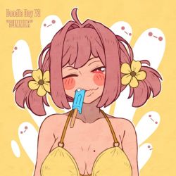 Rule 34 | 1girl, bare shoulders, bikini, breasts, brown hair, english text, flower, food, hair flower, hair ornament, hanaan, looking at viewer, medium breasts, medium hair, mole, mole on breast, mouth hold, one eye closed, original, outline, popsicle, red eyes, solo, summer, swimsuit, twintails, white outline, yellow background, yellow bikini, yellow flower