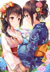 Rule 34 | 2girls, absurdres, bell, blue flower, blue kimono, blurry, blurry background, blush, bow, braid, brown eyes, brown hair, closed mouth, commentary request, depth of field, fingernails, floral print, flower, from side, green flower, hair between eyes, hair bow, hair flower, hair ornament, hair ribbon, highres, holding, hydrangea, japanese clothes, jingle bell, kimono, long hair, long sleeves, looking at another, multiple girls, obi, original, pink flower, print kimono, profile, red bow, red ribbon, ribbon, sakura ani, sash, single braid, smile, white kimono, wide sleeves