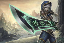 Rule 34 | 1girl, alternate costume, armor, breasts, brown eyes, cowboy shot, fighting stance, foreshortening, glowing, glowing sword, glowing weapon, hood, league of legends, medium breasts, parted lips, penator, redeemed riven, riven (league of legends), ruins, shoulder pads, signature, silver hair, solo, thighhighs, weapon