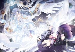 Rule 34 | 3girls, armor, armored dress, bare shoulders, black jacket, blue eyes, braid, breasts, checkered floor, cleavage, date a live, detached collar, dress, feathered wings, flower, hair between eyes, hair flower, hair ornament, hair ribbon, hand on own chest, highres, jacket, long hair, looking at another, mother and daughter, multiple girls, multiple wings, official art, on ground, open mouth, pantyhose, purple hair, purple skirt, ribbon, short hair, silver hair, skirt, smile, spoilers, takamiya mio, tobiichi origami, translation request, tsunako, unconscious, very long hair, white dress, wings, yatogami tooka