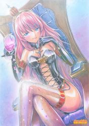 Rule 34 | 1girl, bad id, bad pixiv id, crossed legs, crown, cup, drinking glass, elbow gloves, gloves, jewelry, long hair, lots of jewelry, mayo riyo, megurine luka, sitting, solo, spill, thighhighs, throne, very long hair, vocaloid, wine glass