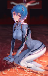Rule 34 | 1girl, ayanami rei, blue eyes, blue hair, blurry, blurry background, bodysuit, breasts, closed mouth, commentary request, cross, crucifixion, depth of field, feet out of frame, hair ornament, looking at viewer, medium breasts, neon genesis evangelion, partially submerged, pilot suit, plugsuit, red eyes, sansan (dongfangzhong111), short hair, skin tight, solo focus, water, white bodysuit