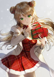Rule 34 | 1girl, bare shoulders, black pantyhose, blush, bow, box, breasts, cleavage, coat, double bun, dress, fur-trimmed dress, fur trim, gift, gift box, girls&#039; frontline, green eyes, grey background, hair bow, hair bun, hair ribbon, highres, holding, light brown hair, lips, long hair, long sleeves, medium breasts, myoushun, off shoulder, official alternate costume, pantyhose, red dress, red neckwear, rfb (girls&#039; frontline), rfb (how rfb stole xmas) (girls&#039; frontline), ribbon, smile, snow, snowing, solo, white coat
