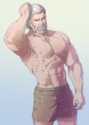 Rule 34 | 1boy, abs, armpits, artist name, bara, beard, biceps, black eyes, evinist, facial hair, hand on own head, highres, large pectorals, male focus, manly, mature male, muscular, muscular male, navel, nipples, overwatch, overwatch 1, pectorals, reinhardt (overwatch), scar, scar across eye, scar on face, shorts, smile, thick arms, topless male, water, wet, white hair