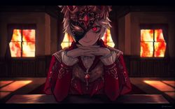 Rule 34 | 1boy, chromatic aberration, closed mouth, curtains, desk, doki doki literature club, elbows on table, frilled sleeves, frills, glitch, gloves, half mask, identity v, interlocked fingers, letterboxed, long sleeves, looking at viewer, male focus, mask, parody, pov across table, red eyes, short hair, sitting, smile, stitched mouth, stitches, sunset, symbol-shaped pupils, tendenbarabara, twitter username, upper body, victor grantz, victor grantz (the embrace), white gloves, white hair, wide-eyed, window, x-shaped pupils